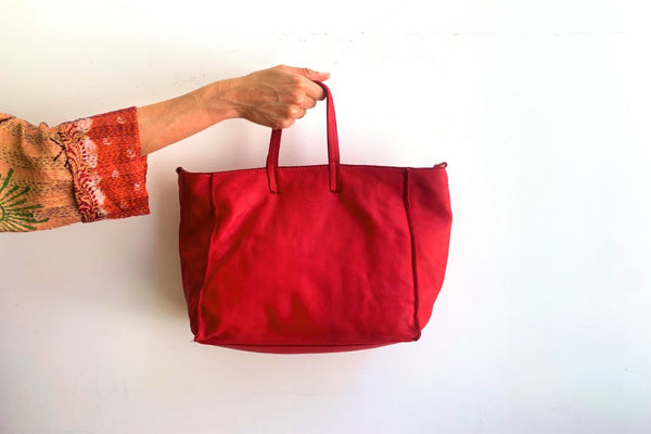 SHOPPING WASHED LEATHER BAG RED