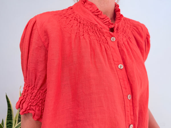 SHORT SLEEVE LINEN SHIRT - CORAL