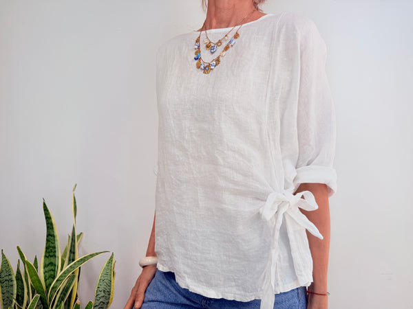 LINEN SHIRT WITH BOW - WHITE