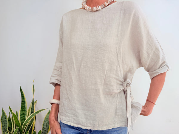 LINEN SHIRT WITH BOW - STONE