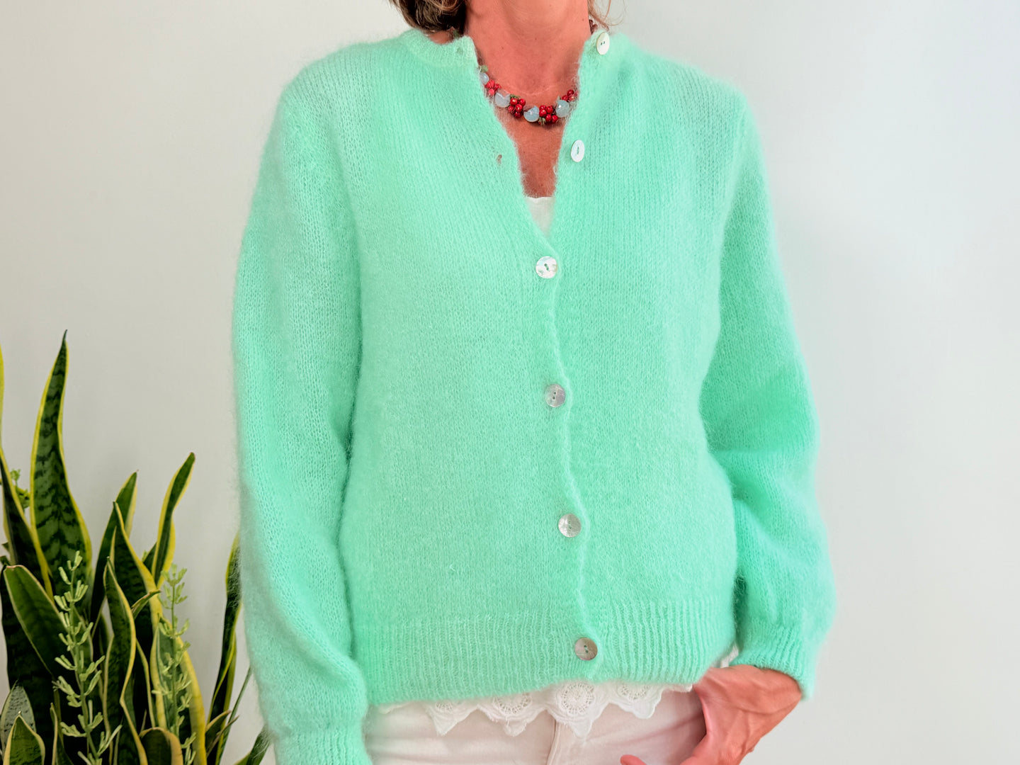 MOHAIR-CARDIGAN MIT KNOPF - HELLGRÜN