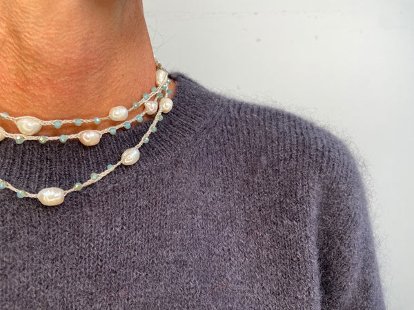 LONG PEARL CROCHET NECKLACE BLUE