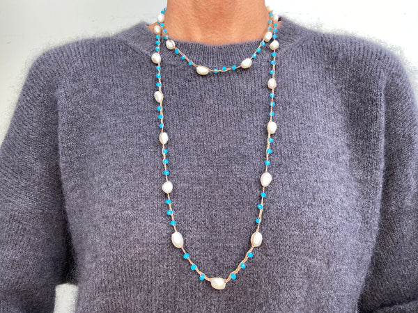 LONG PEARL CROCHET NECKLACE TURQUOISE